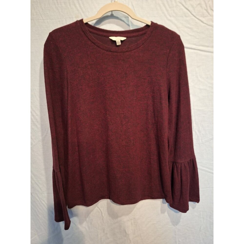 Lucky Brand Womens Blouse Top Bell Sleeve Crew Neck Pullover Maroon Red S